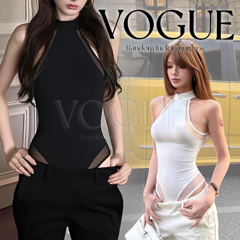 Vogue เสื้อแขนกุด บอดี้สูท ผ้าซีทรูบาง มีฟองน้ำ เรียบง่าย สีพื้น รูปที่ 1