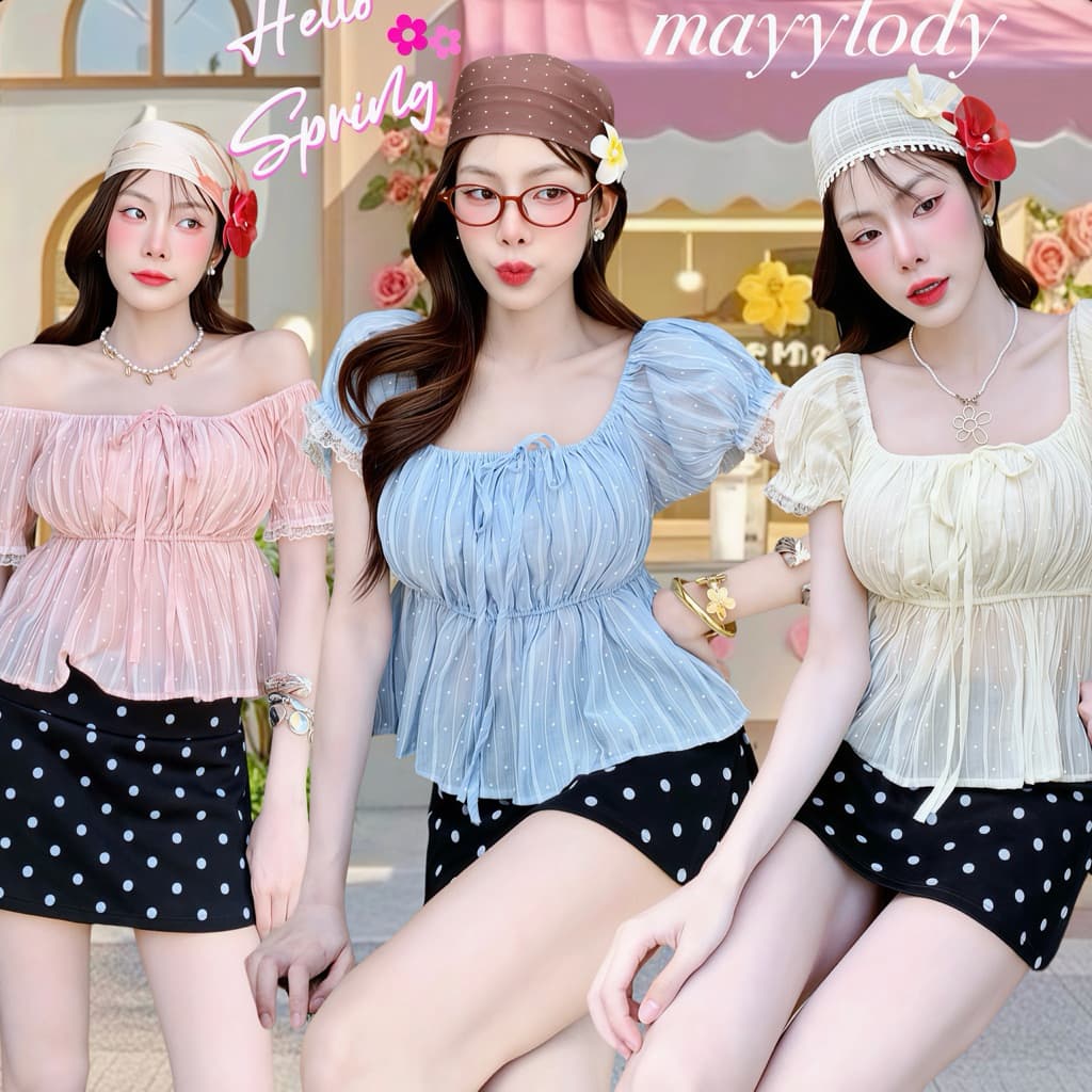 mayylody Pinky TOP เสื้อแขนตุ๊กตา แต่งระบายลูกไม้ ผ้าพิมพ์ลาย สุดฮิต ชุดไปทะเล ชุดไปคาเฟ่ รูปที่ 1