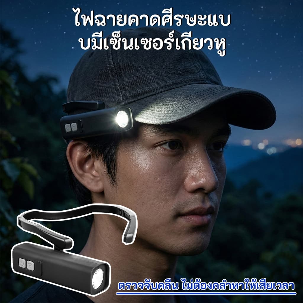 หนีบหูได้ ไฟฉายคาดหัว IPX4 กันน้ำ เบาสบาย พกพาง่าย สุดคุ้มสำหรับเดินป่า รูปที่ 1