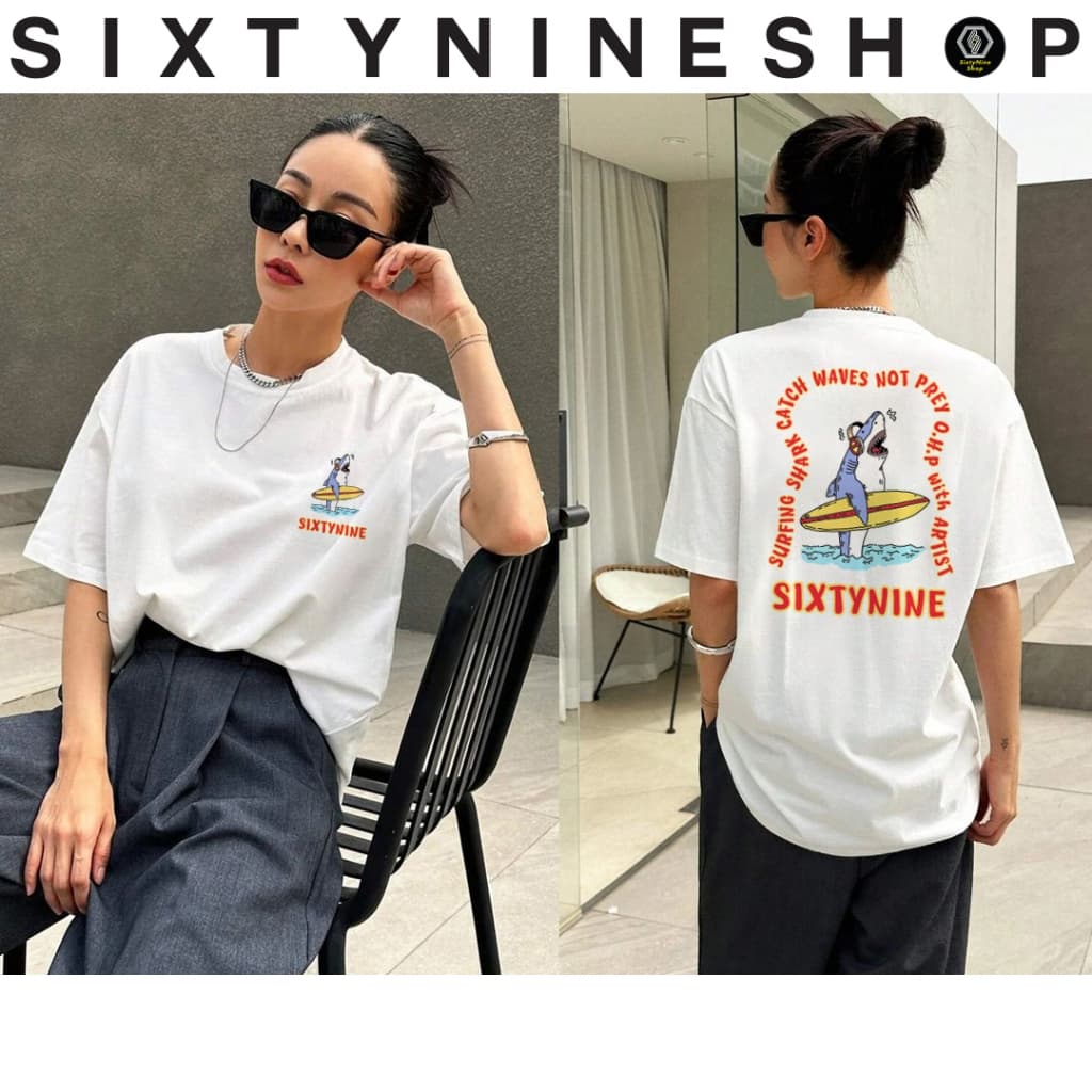 เสื้อยืดผ้าคอตตอน M-4XL พิมพ์ลาย " Shark surf " รูปที่ 3