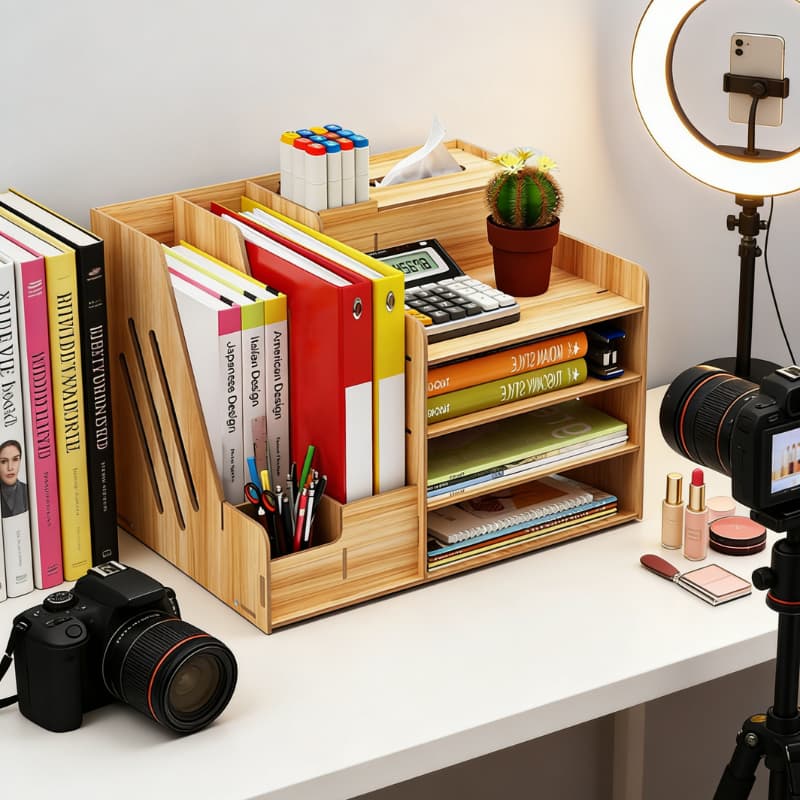 ชั้นวางเอกสารลายไม้ 4ชั้น จัดระเบียบโต๊ะ เก็บปากกา เครื่องเขียน Desk Organizer Wooden รูปที่ 9
