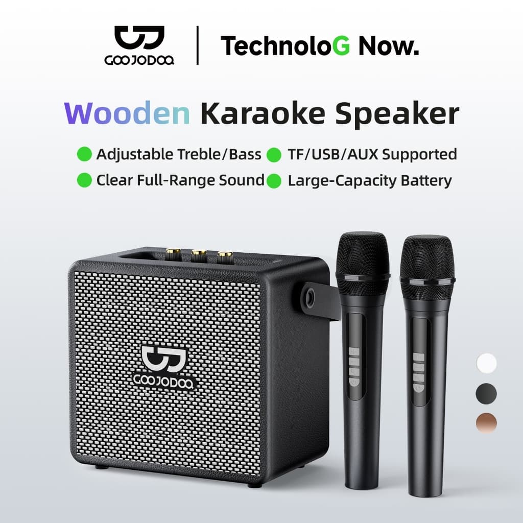 GOOJODOQ Wooden Karaoke Speaker TF/USB/AUX Supported Clear Full-range Sound Comes with Two Microphones รูปที่ 1
