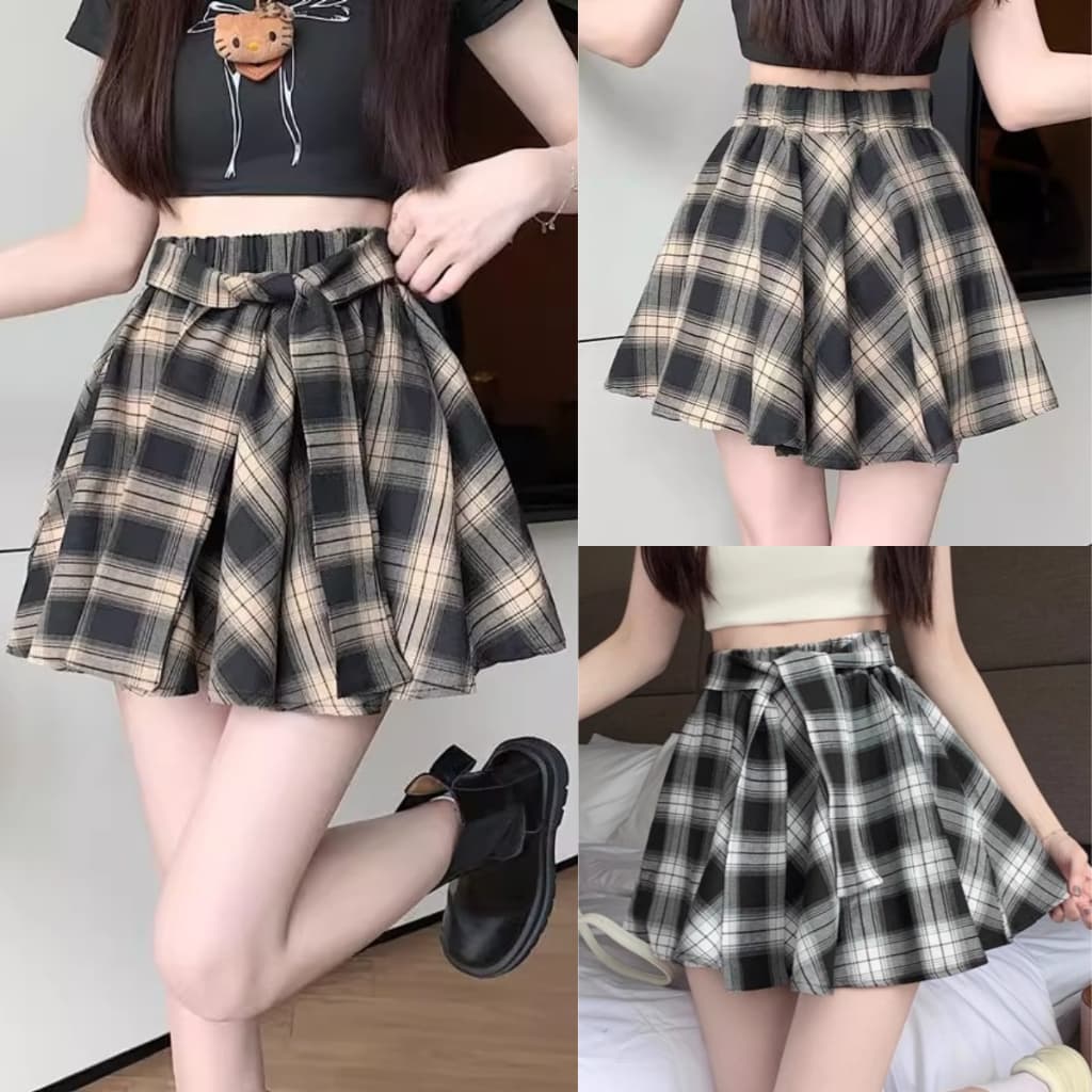 S~5XL Mini Plaid skirt สีน้ำตาล กระโปรงลายสก็อตเอวสูงสไตล์เกาหลีเรโทร กระโปรงสั้นทรงเอไลน์แบบไม่สมมาตรสุดเก๋ HOT รูปที่ 1