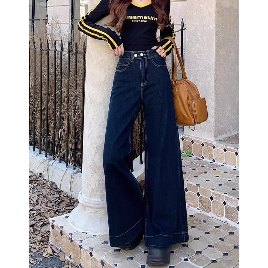S~5XLBaggy jeans Navyblue กางเกงขายาวทรงตรงขาบานเอวสูงสีน้ำเงินเข้ม ดีไซน์แบบเรโทรสองปุ่ม กางเกงยีนส์ทรงหลวมลำลอง HOT รูปที่ 6