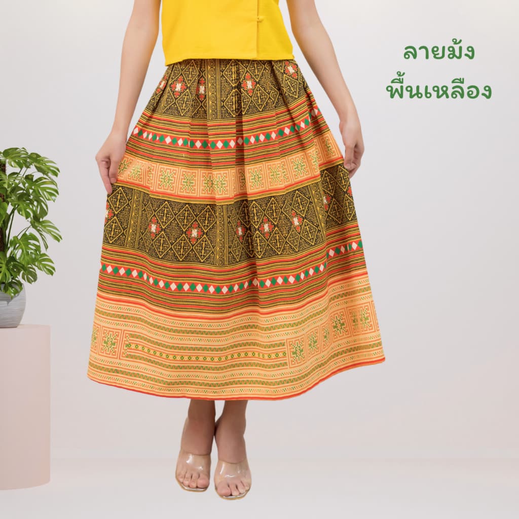 กระโปรงจีบทวิส New!! เอวตามไซส์ไม่ใส่ยางยืด ไม่สม็อค ผ้าฝ้ายพิมพ์ลาย ผ้าไทย ไม่อัดกาว รูปที่ 3