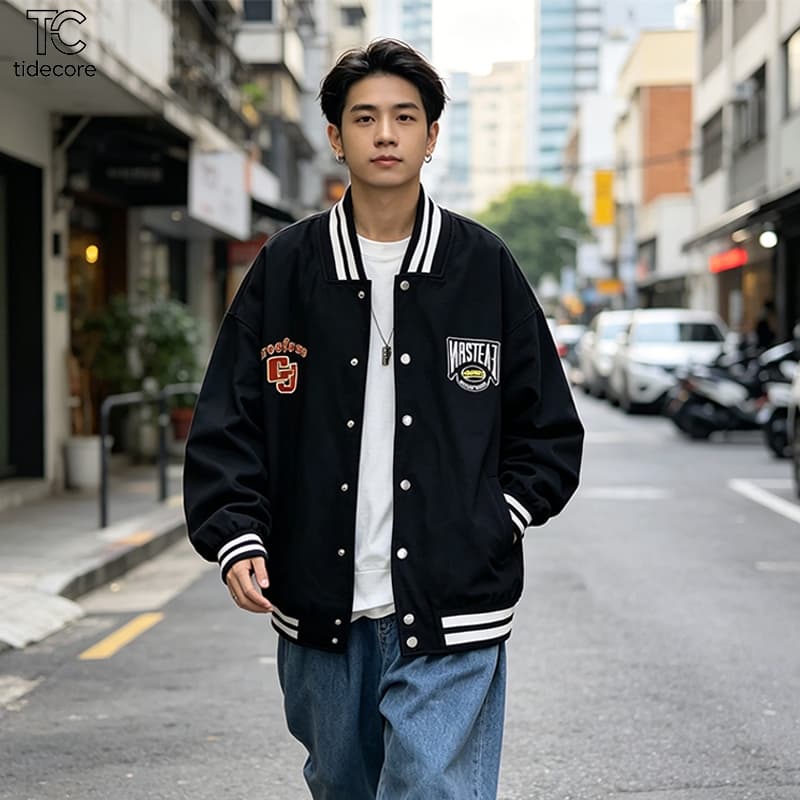 TideCore เสื้อแจ็คเก็ตเบสบอลชาย COD สไตล์อเมริกันเรโทร ทรงหลวม ดีไซน์ปักลายสตรีท เท่สุดๆ สำหรับใส่เดินห้าง / ไปเที่ยว รูปที่ 8