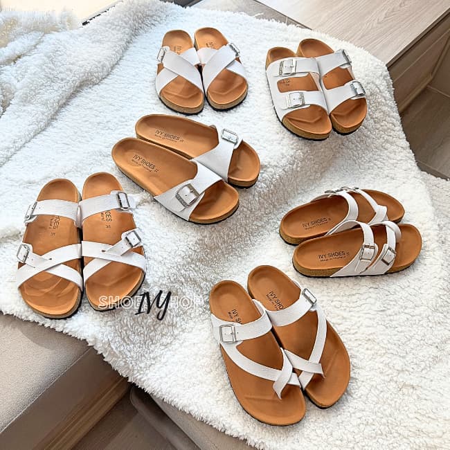 รองเท้าแตะ IVY SHOES รองเท้าสไตล์วินเทจ สไตล์ไบเก้น พื้นนุ่ม สีขาวล้วน 6 แบบ รูปที่ 8