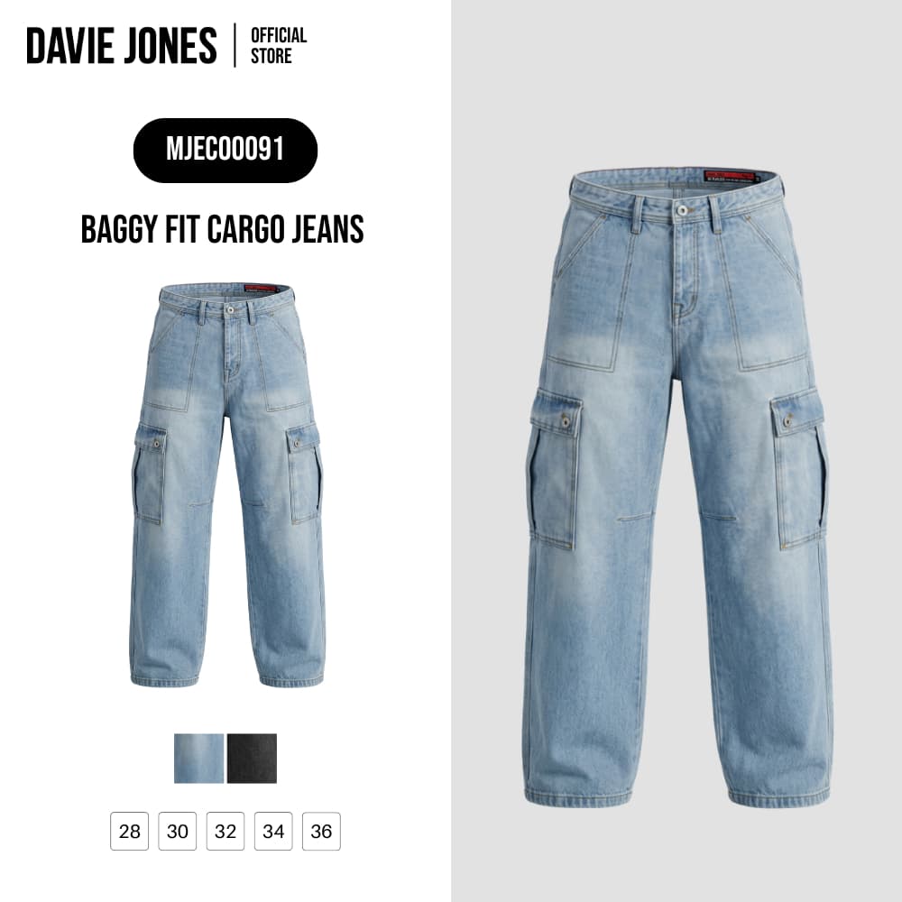 DAVIE JONES กางเกงคาร์โก้ผู้ชาย Denim Cargo Baggy สีฟ้า ดำ CO0091 รูปที่ 1
