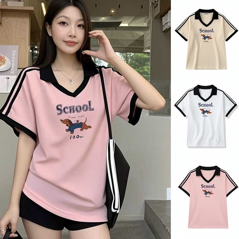 เสื้อปกทรงสเก็ตสวยๆผู้หญิงแฟชั่นมาใหม่ oversize เสื้อผ้าสาวอวบไซส์ใหญ่น่ารัก เสื้อยืดคอวีทรงหลวมสไตล์เกาหลี preppy style รูปที่ 1