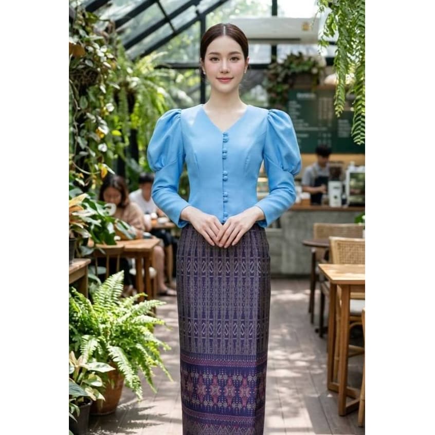 เสื้อผ้าฝ้ายลินินคอวีแขนเจ้าหญิง รูปที่ 1