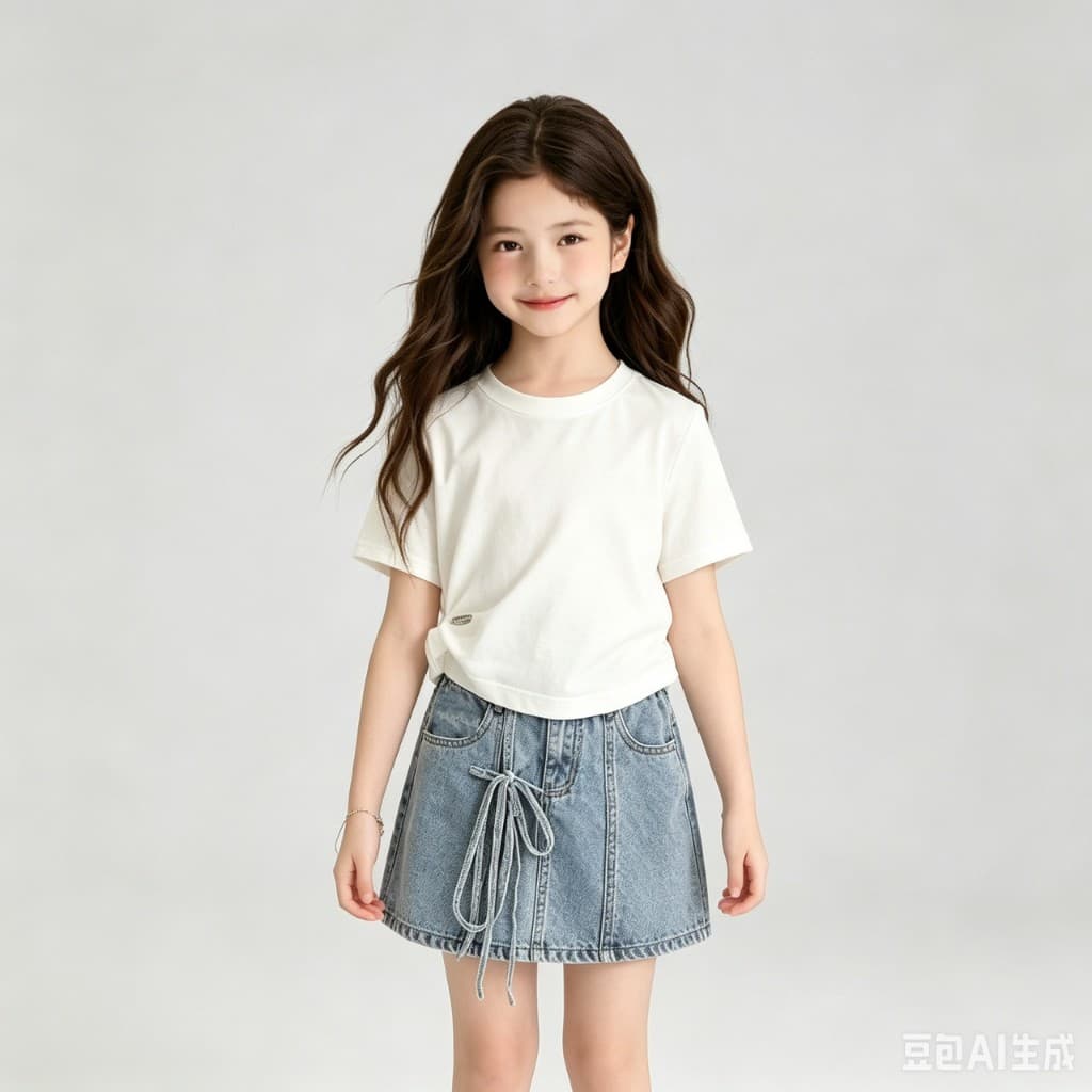 MC269 ชุดเด็กผู้หญิงสไตล์เกาหลี เสื้อยืดขาว กระโปรงยีนส์แต่งเชือก รูปที่ 4