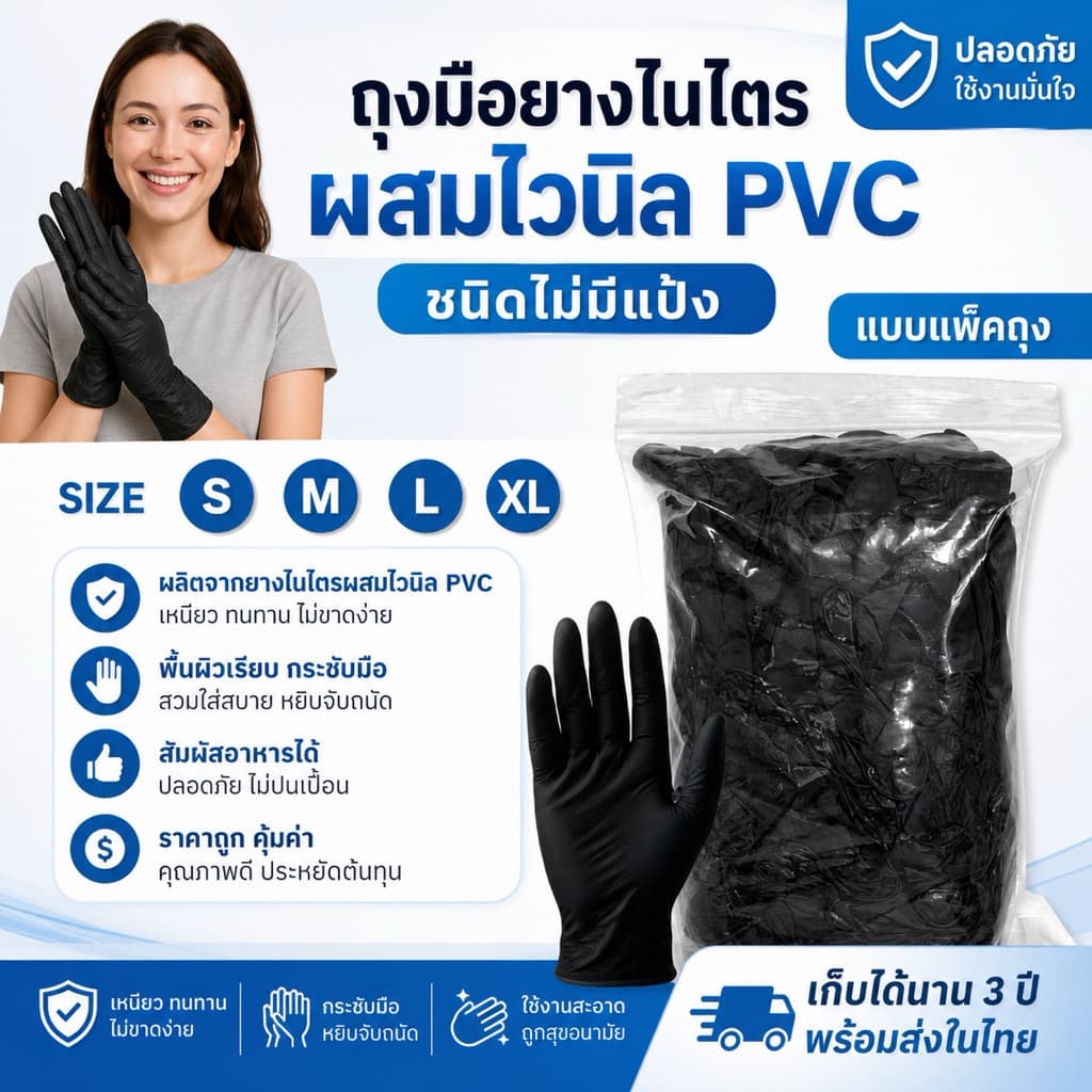 ถุงมืออเนกประสงค์ ถุงมือไนไตรไวนิล สีดำ เหนียว ทนทาน ไม่ขาดง่าย รูปที่ 1