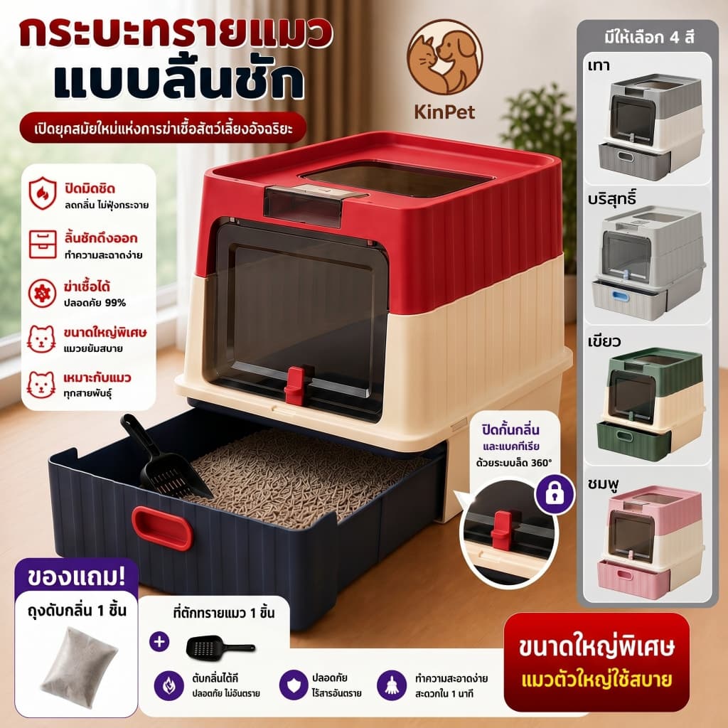 กระบะทรายแมวมีลิ้นชัก มีฝาปิด กันกลิ่น สีพาสเทล พร้อมที่ตักทราย แถมฟรีถุงดับกลิ่น ทำความสะอาดง่าย พื้นที่กว้าง จุดได้เยอ รูปที่ 4
