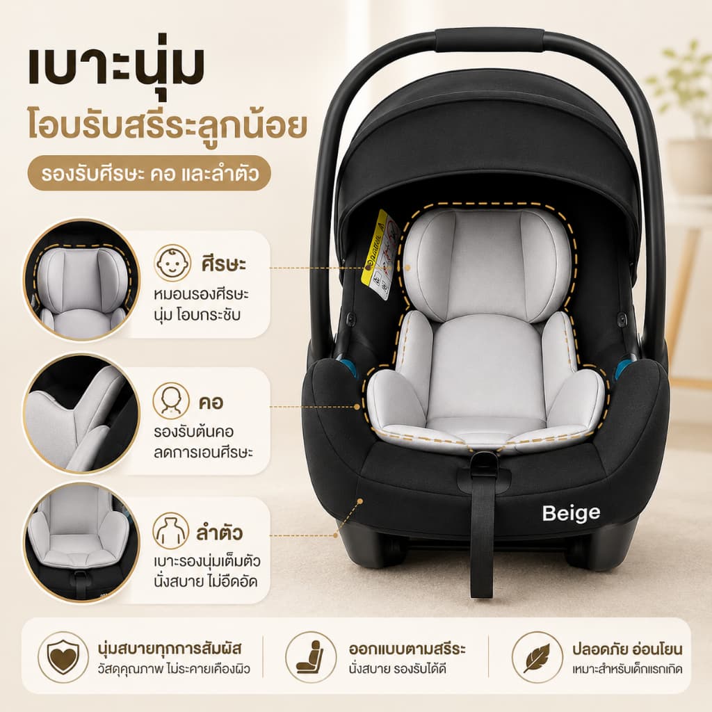 Beige คาร์ซีทเด็ก คาร์ซีทกระเช้า คาร์ซีท เด็กแรกเกิด หิ้วได้ พกพาง่าย เบาะรถยนต์เด็ก 0-15 เดือน รูปที่ 7