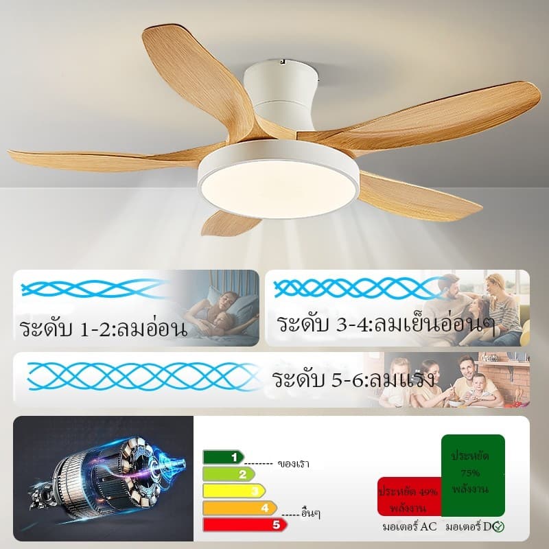 GOGEOUS พัดลมเพดาน 52/48 นิ้ว ลมแรงมาก พัดลมเพดานพร้อมไฟ led ไฟ3สี 6 ระดับความเร็ว ระบบไร้เสียงรบกวน+ประหยัดพลังงาน รูปที่ 3