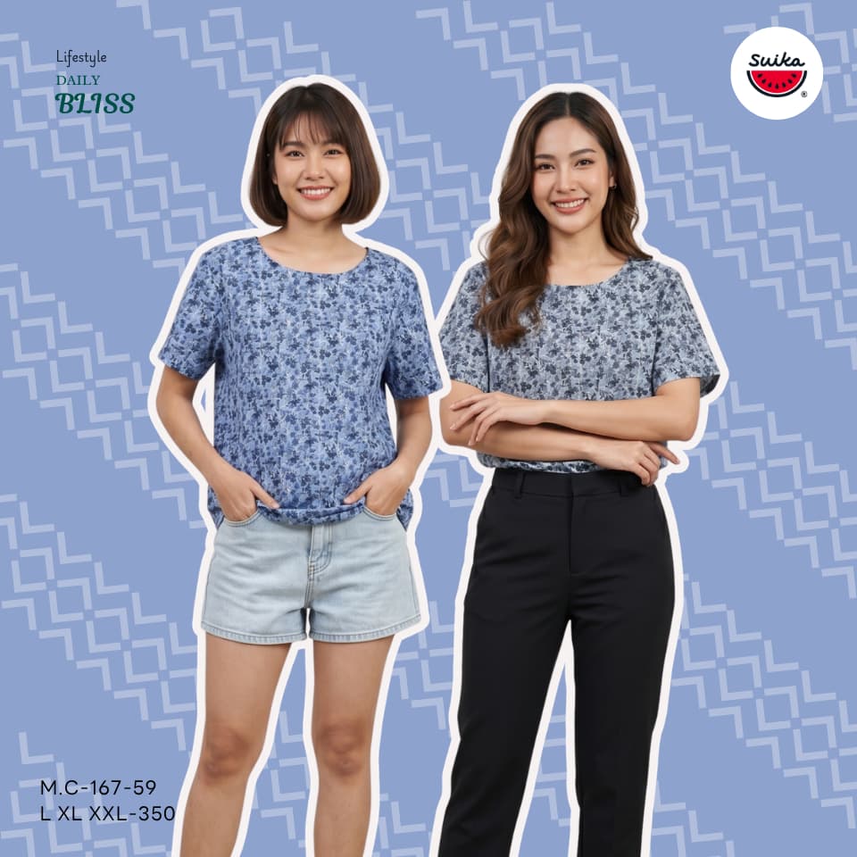 เสื้อแตงโม - เสื้อผ้าป่านมัสลิน คอปาดกระดุมหลัง 3 เม็ด แขนสั้น ลายดอกไม้ รูปที่ 4