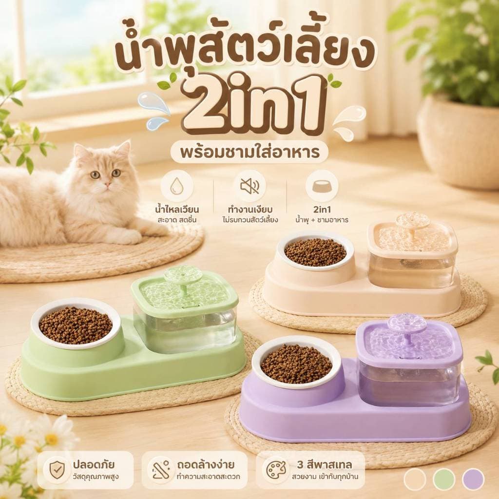 Boqi Factory น้ำพุสัตว์เลี้ยง 2 in 1 พร้อม ชามอาหารเดี่ยว ที่ให้น้ำอัตโนมัติ KPL005 รูปที่ 7
