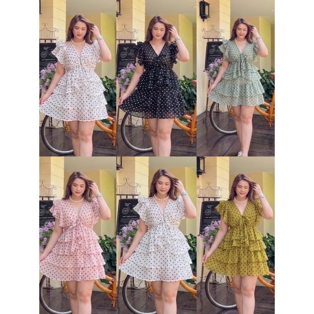 ชุดเซ็ตกระโปรง เสื้อคอวีผูกโบว์หน้า รูดเอว รูปที่ 2