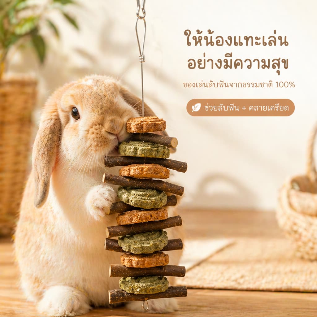 PETLUSCI® โมบาย ของเล่นลับฟัน ของเล่นกระต่าย ไม้ลับฟันกระต่ายและคุ้กกี้หญ้า ของเล่นกระต่าย โมบายไม้แอปเปิ้ล ไม้ไผ่หวาน รูปที่ 2