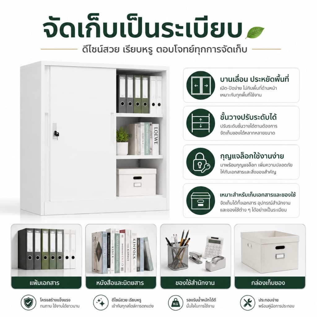 ตู้เก็บของโลหะสีขาว ประตูสไลด์ มีล็อค สูง 90 ซม. ตู้ไฟล์ ตู้เอกสาร ตู้ลิ้นชัก รูปที่ 6