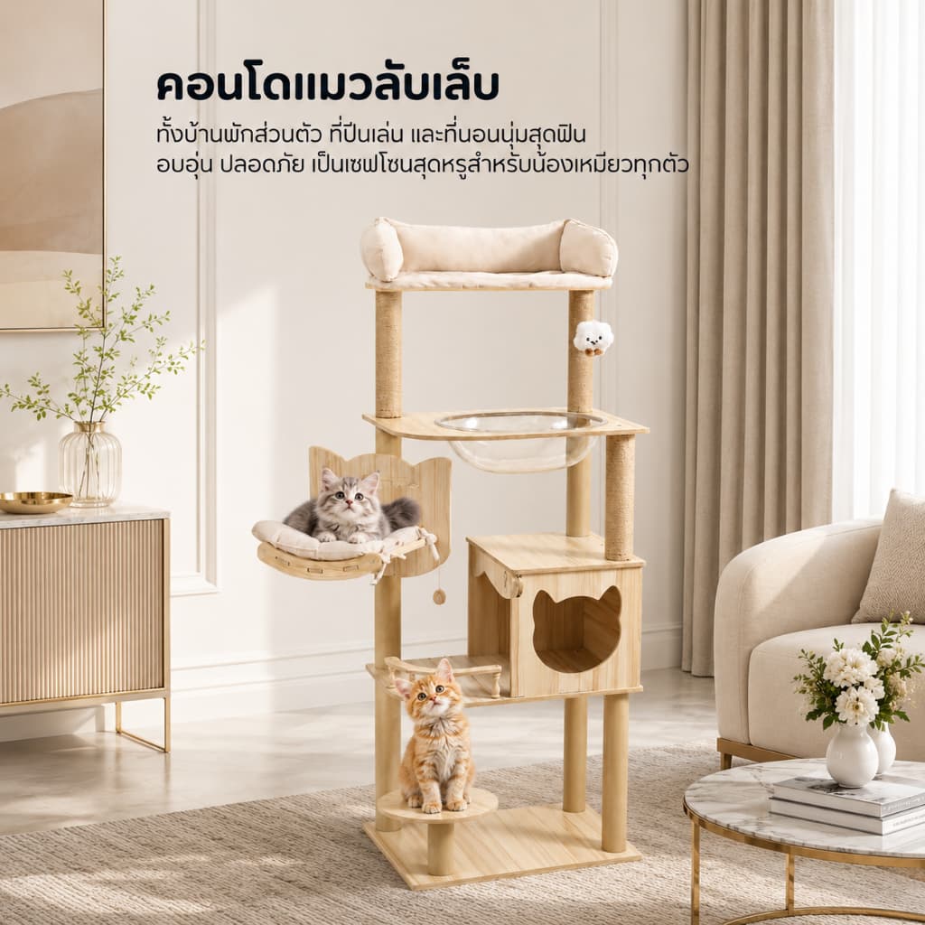 คอนโดแมวไม้ สไตล์มินิมอล สูง 150cmพร้อมหลุมอวกาศใส เปลญวนนุ่ม และบ้านแมวหลังใหญ่ แข็งแรง ทนทาน ไม่ล้มง่าย รูปที่ 7