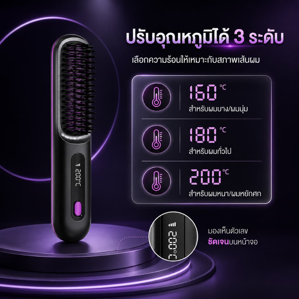 Sorf แปรงหวีผมตรงไร้สาย หวีไฟฟ้าพกพา ร้อนเร็ว 20 วิ ปรับความร้อน 3 ระดับ ไอออนลบ ชาร์จ Type-C สำหรับผมตรง/ม้วนปลาย รูปที่ 4