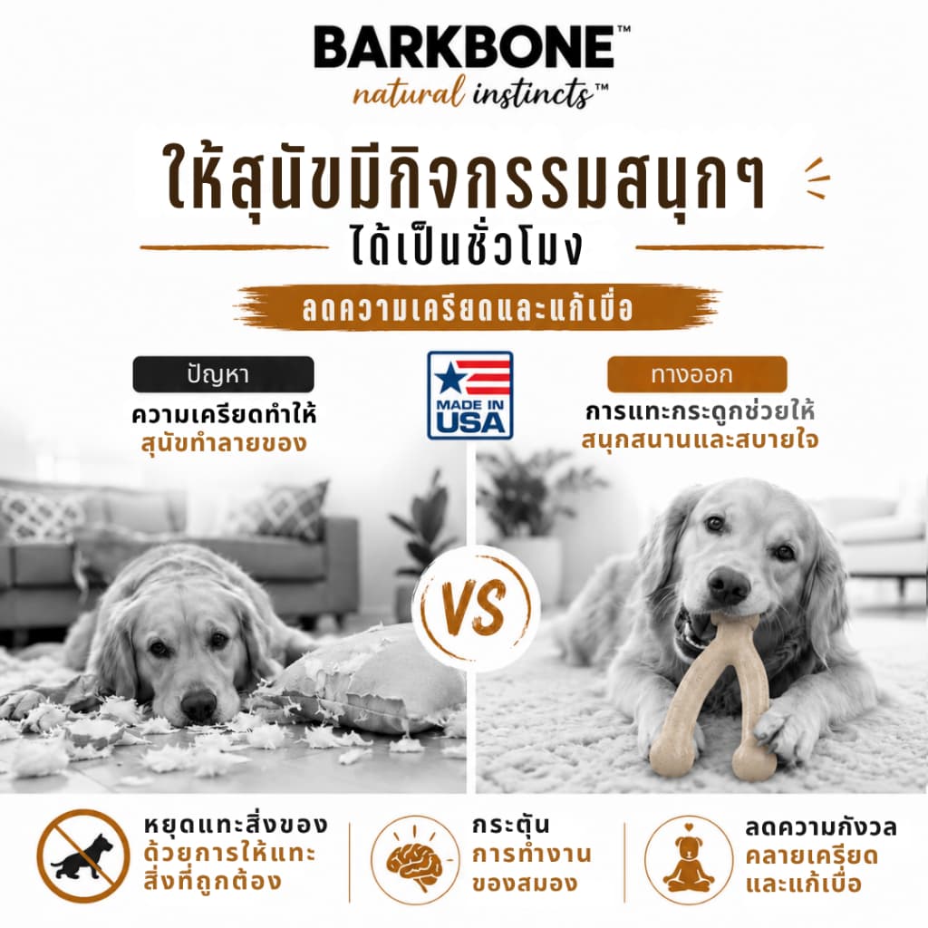 Made in USA BarkBone Wishbone REAL Bacon Flavor -Infused Nylon Dog Chew Toy ของเล่นขัดฟันสุนัข รูปที่ 5