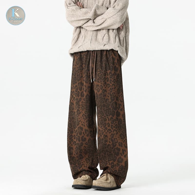 Baggy S-5XL กางเกงผู้ชายลายเสือ ทรงขากว้างตรง เอวยางพร้อมเชือกดึง สไตล์เกาหลี รูปที่ 2