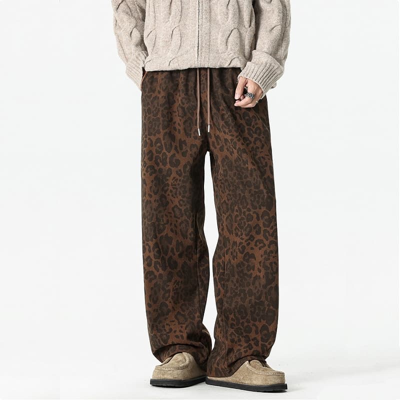 Baggy S-5XL กางเกงผู้ชายลายเสือ ทรงขากว้างตรง เอวยางพร้อมเชือกดึง สไตล์เกาหลี รูปที่ 7