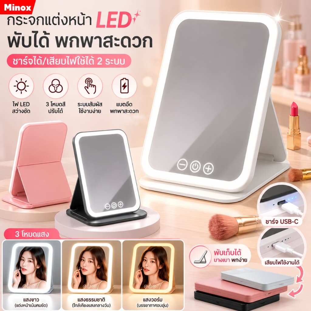กระจกแต่งหน้า LED กระจกมีไฟ แสงไฟ3สี ชาร์จUSB กระจกแต่งหน้า ส่องหน้า แบบพกพา กระจก กระจกตั้งโต๊ะ รูปที่ 1