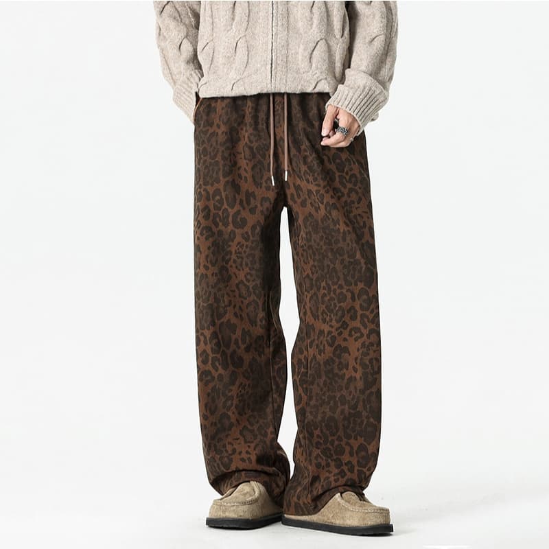 Baggy S-5XL กางเกงผู้ชายลายเสือ ทรงขากว้างตรง เอวยางพร้อมเชือกดึง สไตล์เกาหลี รูปที่ 6