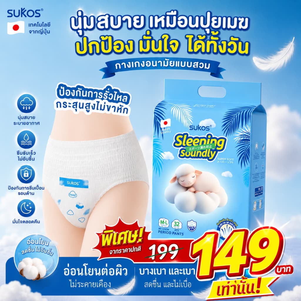 COD SUKOS กางเกงอนามัยผู้หญิง ผ้าอนามัยแบบกางเกง 32 ชิ้น ระบายอากาศ 360 องศา สำหรับผู้หญิงหลังคลอดและประจำเดือน รูปที่ 1