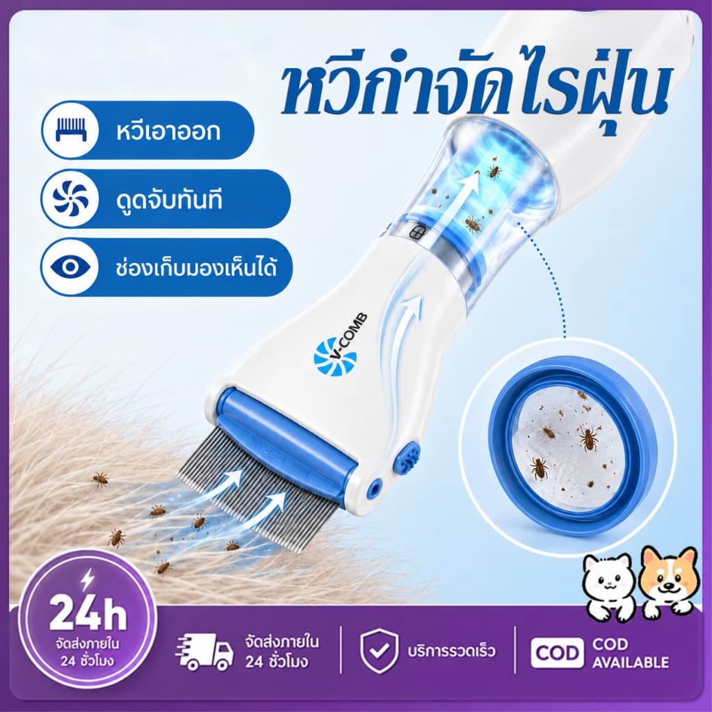 PETWELL หวีไฟฟ้ากำจัดเหา หวีดูดเหา หวีสางเหา เสียบปลั๊กและใช้งา ใช้ได้ทั้งคนและสุนัข รูปที่ 1
