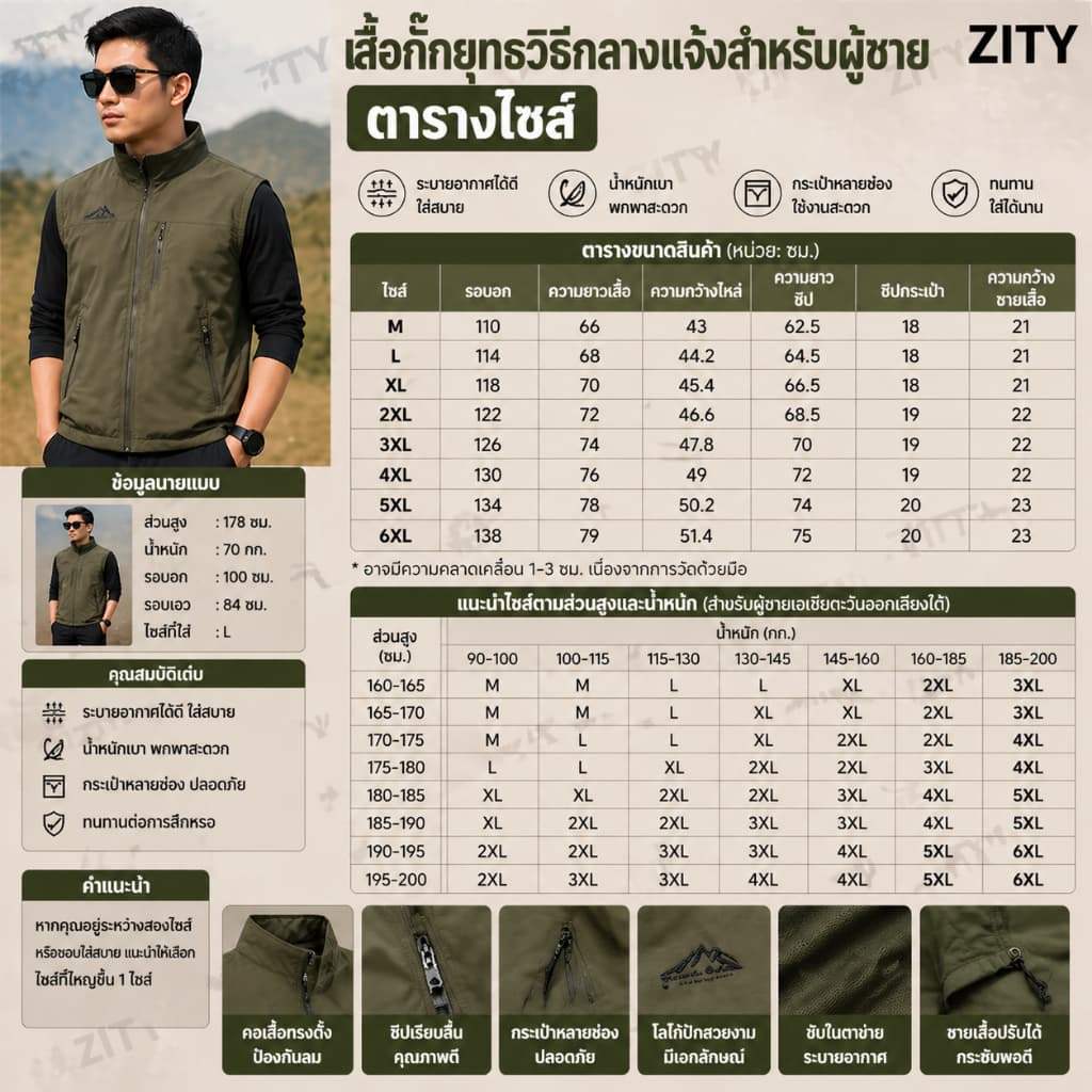 จัดส่งทันทีเสื้อกั๊กแขนกุดสำหรับผู้ชาย กันน้ำใส่สบาย ระบายอากาศ มีกระเป๋า M-5XL รูปที่ 9