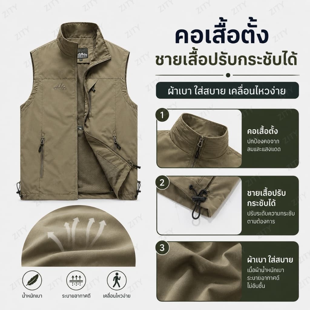 จัดส่งทันทีเสื้อกั๊กแขนกุดสำหรับผู้ชาย กันน้ำใส่สบาย ระบายอากาศ มีกระเป๋า M-5XL รูปที่ 4