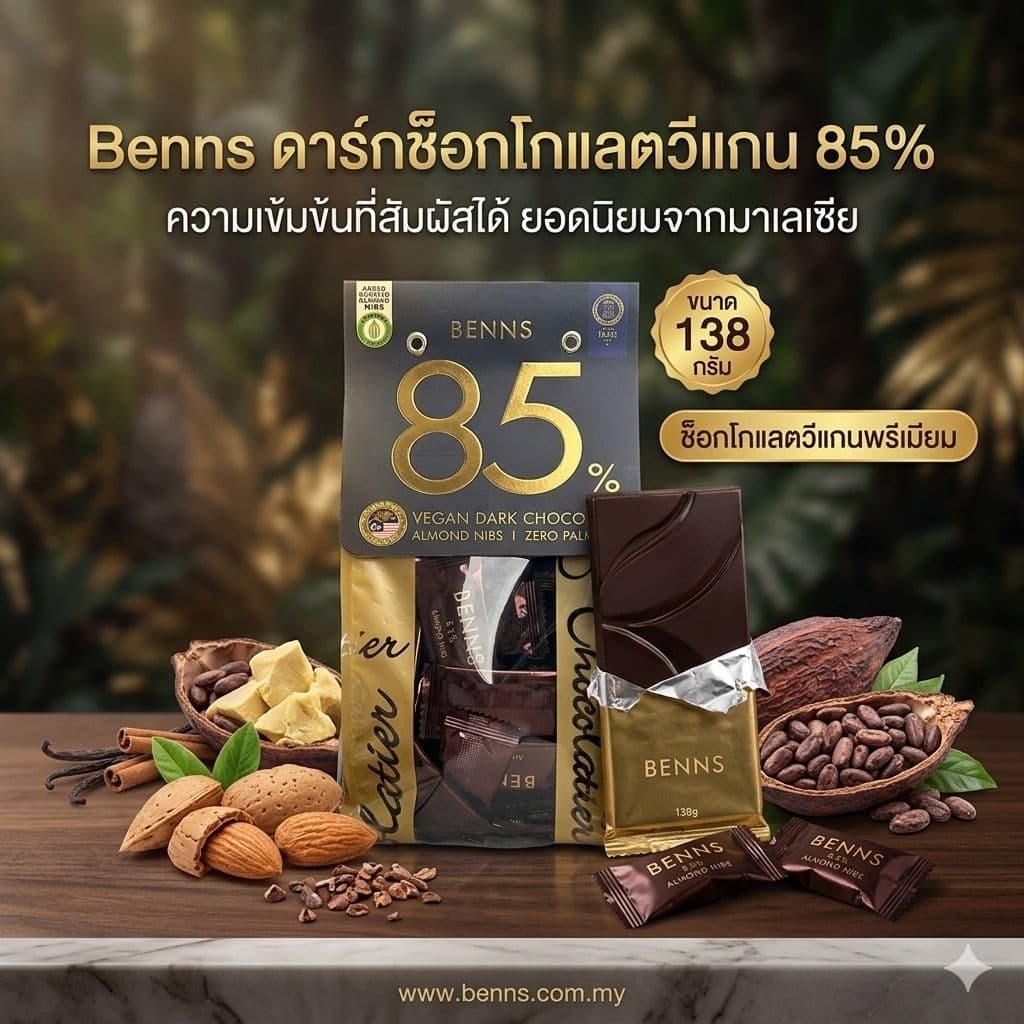 Benns Vegan Dark Chocolate 99.9%, 85%, 80% ,65% ดาร์กช็อกโกแลตแท้ คุณภาพสูง นำเข้ามาเลเซีย รูปที่ 7