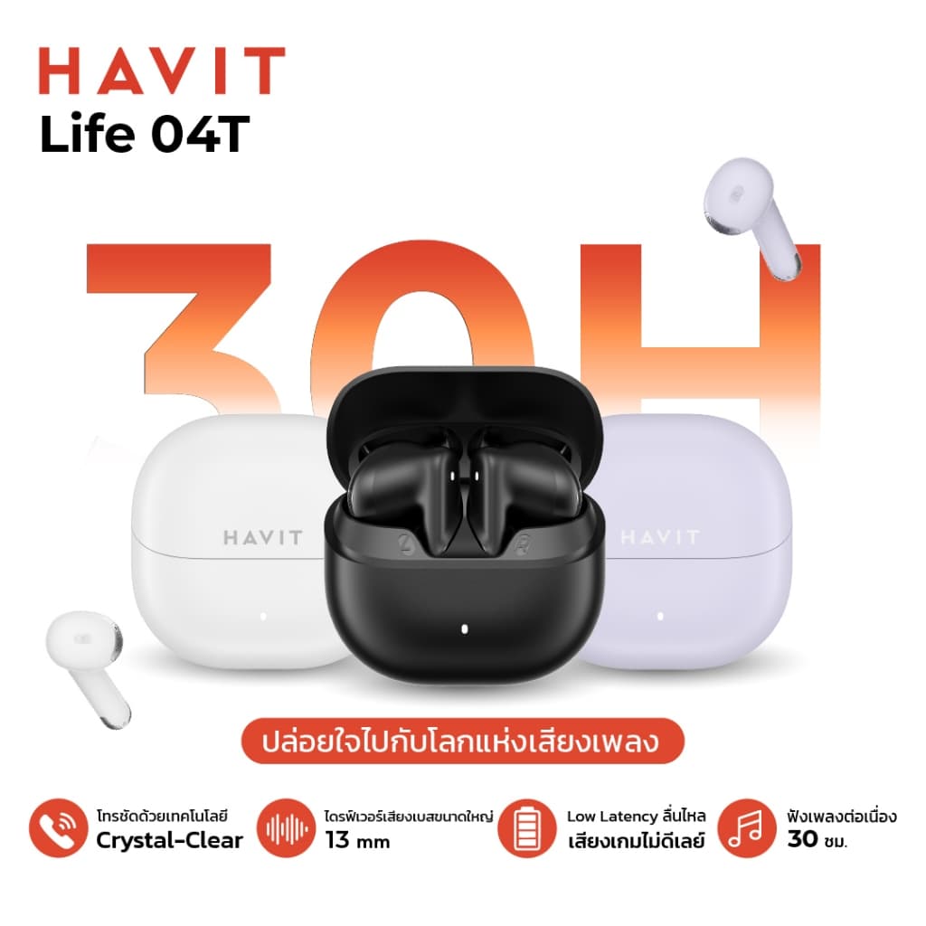 HAVIT LIFE 04T หูฟังไร้สาย หูฟังบลูทูธ ไดร์เวอร์ 13 มม. โทรชัด แบตอึด 30 ชม. ลื่นไหล เสียงเกมไม่ดีเลย์ รูปที่ 1