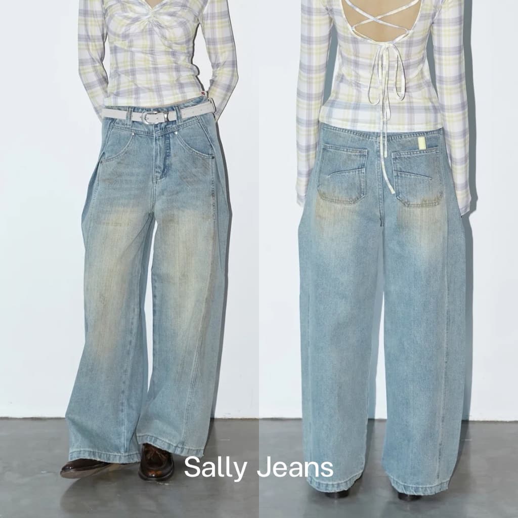 AMUSE BKK - Sally Jeans กางเกงยีนส์ดีเทลจีบข้าง ทรงกระบอกตรง งาน Handmade ทำสี Dirty ตัวต่อตัว สวยค่า รูปที่ 1