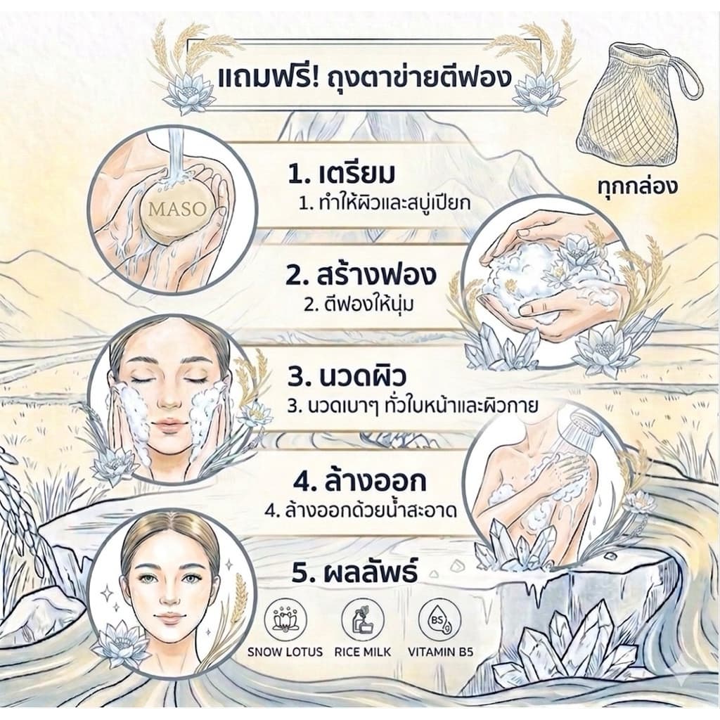 MASO สบู่บัวหิมะ ผสมน้ำนมข้าว พร้อมด้วยวิตามินบี5 เพื่อผิวกระจ่างใสนุ่มนวลชุ่มฉ่ำอิ่มน้ำ รูปที่ 4