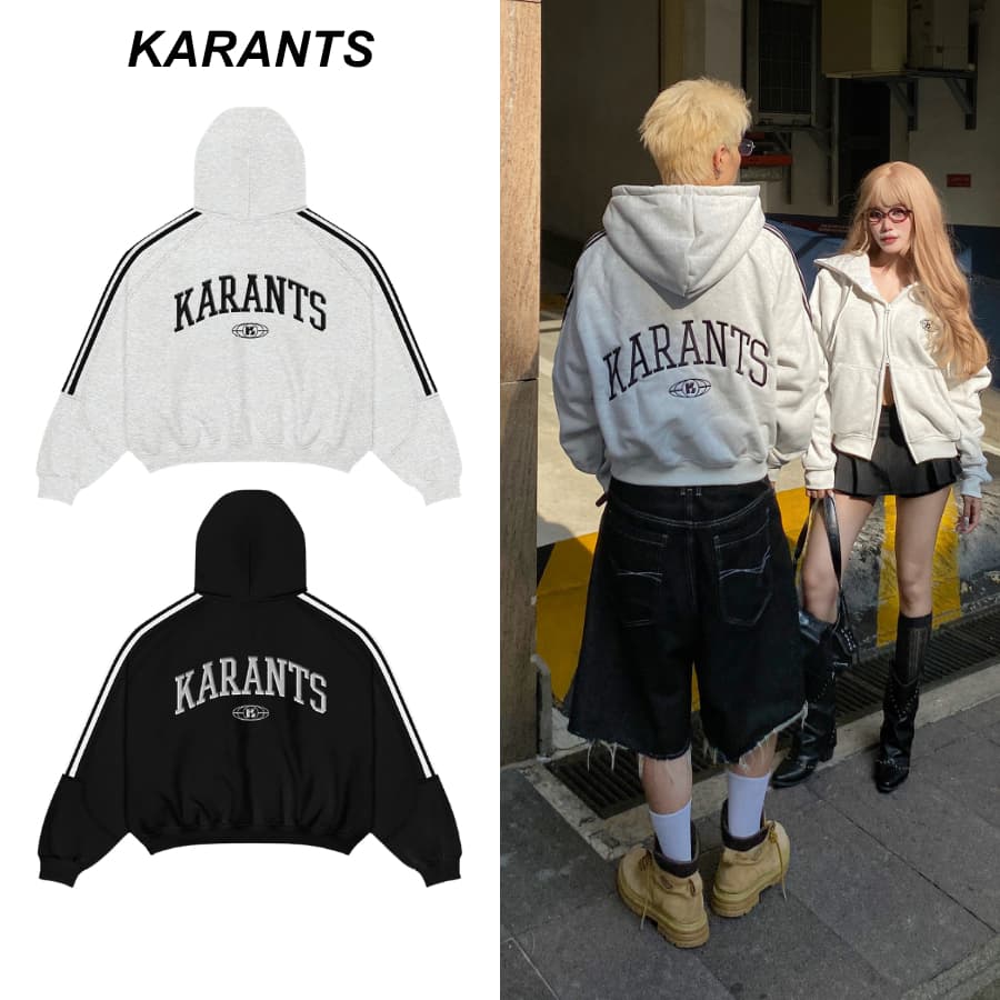 Karants เสื้อ Hoodie Zip Cropped Boxy ปักลาย แต่งซิป 2 ทาง สำหรับผู้ชายและผู้หญิง Unisex - AK11