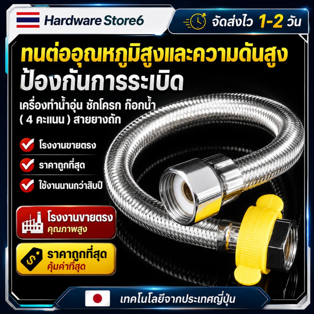 Hardware Store6 จัดส่งภายใน 24 ชม. COD สายน้ำดี EPDM ถักสแตนเลส SUS304 4หุน 1/2 สองข้าง ต่อเครื่องทำน้ำอุ่น ก๊อกน้ำ ทนดี รูปที่ 1