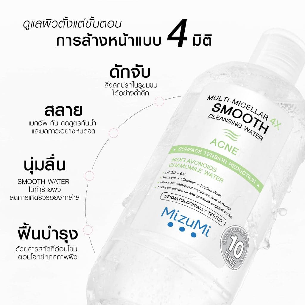 MizuMi Multi-Micellar 4X Smooth Cleansing Water Acne 500 ml ไมเซล่า คลีนซิ่งล้างเมกอัพ สำหรับผิวเป็นสิว รูปที่ 5