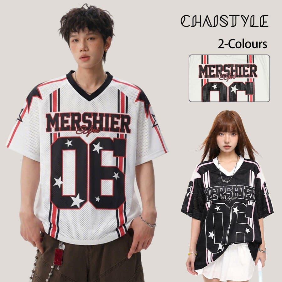 Chaistyle วินเทจสไตล์อเมริกัน ชุดกีฬา เสื้อยืด ตาข่ายระบายอากาศ เหมาะสำหรับฤดูร้อน พิมพ์ลาย หลวม การออกกำลังกาย รูปที่ 1