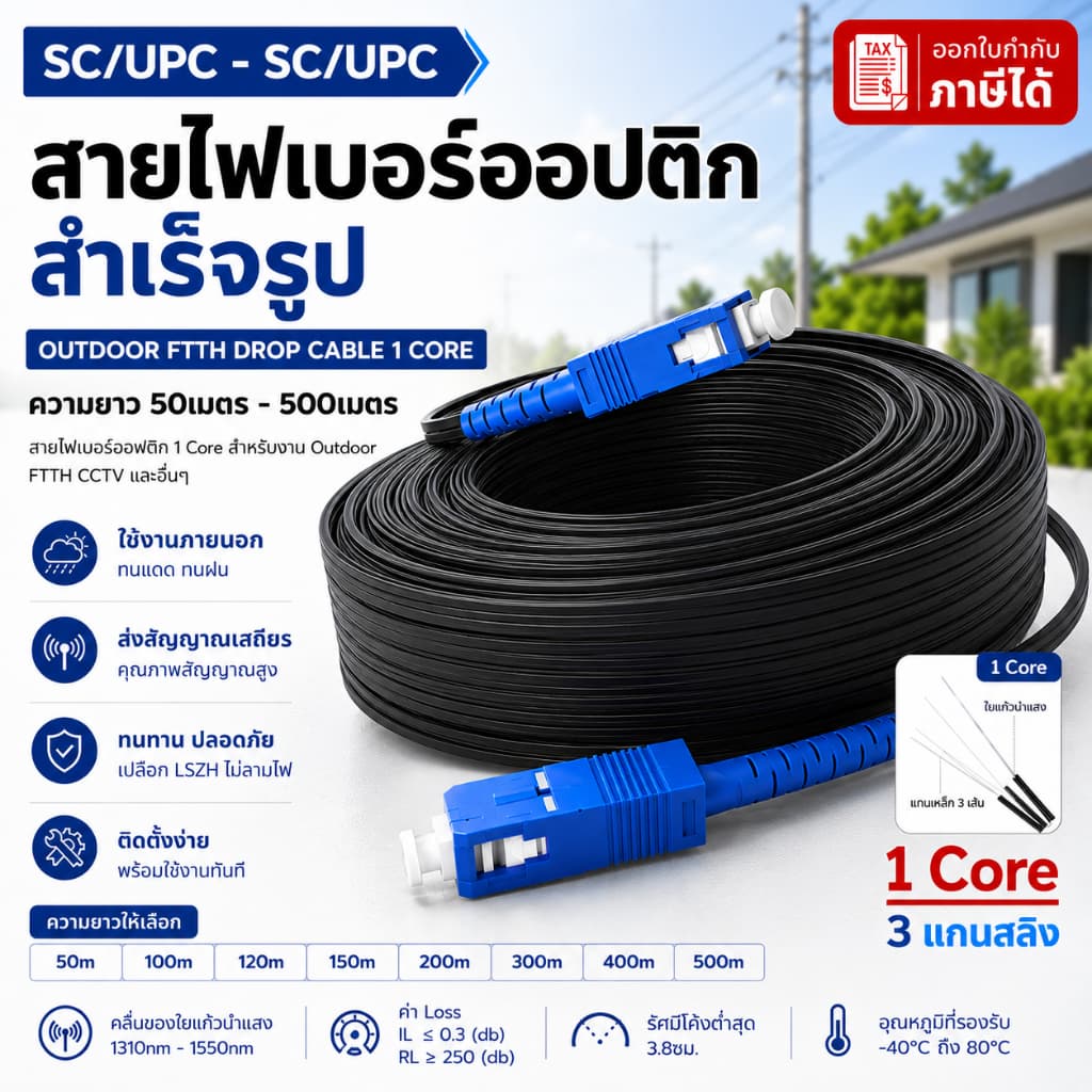 สายไฟเบอร์ออปติกสำเร็จรูป 50m~500m ภายนอก Drop Cable 1core แกนเหล็ก3เส้น SC/SC SM LSZH fiber drop wire cable รูปที่ 1