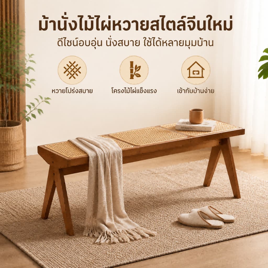 เก้าอี้หวายสาน เก้าอี้เปลี่ยนรองเท้า เก้าอี้ทานอาหาร ไม้เนื้อแข็ง เรียบง่าย อเนกประสงค์ รูปที่ 2