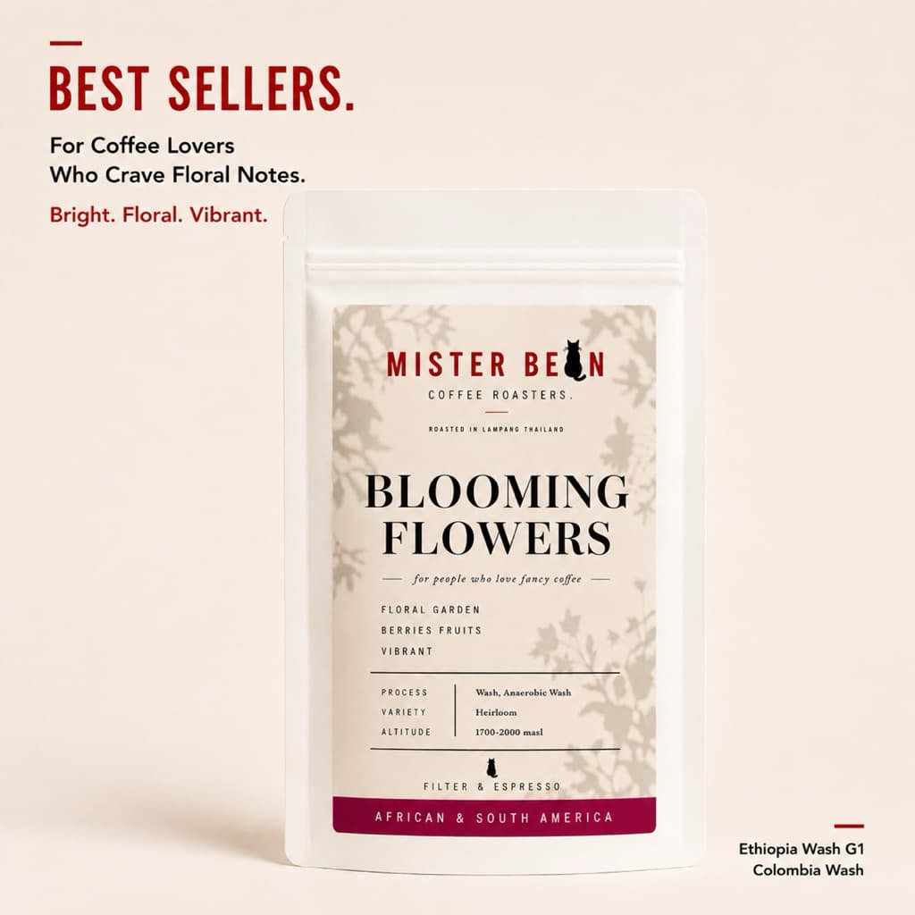 mister bean roasters เมล็ดกาแฟคั่วอ่อนโทนดอกไม้ เบอรี่ ดอกไม้ชัด ไม่เลี่ยน ลื่นคอ Blooming Flower Blend Light Roast รูปที่ 1