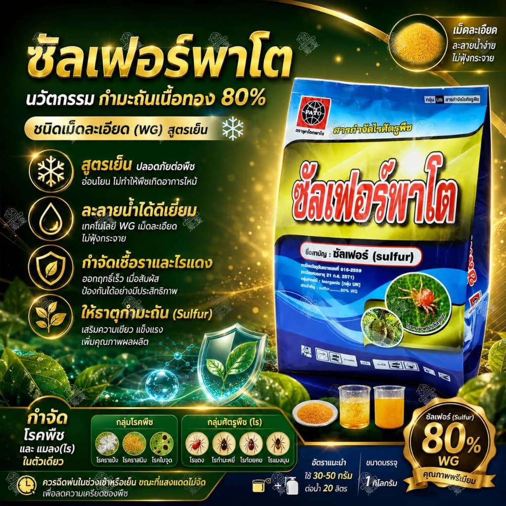 ซัลเฟอร์พาโต 1 กิโลกรัม กำมะถันเนื้อทอง 80% WG แก้ปัญหา ไรแดง ไรแดงมะม่วง เพลี้ยไก่แจ้ ราสนิม ราแป้ง รูปที่ 1