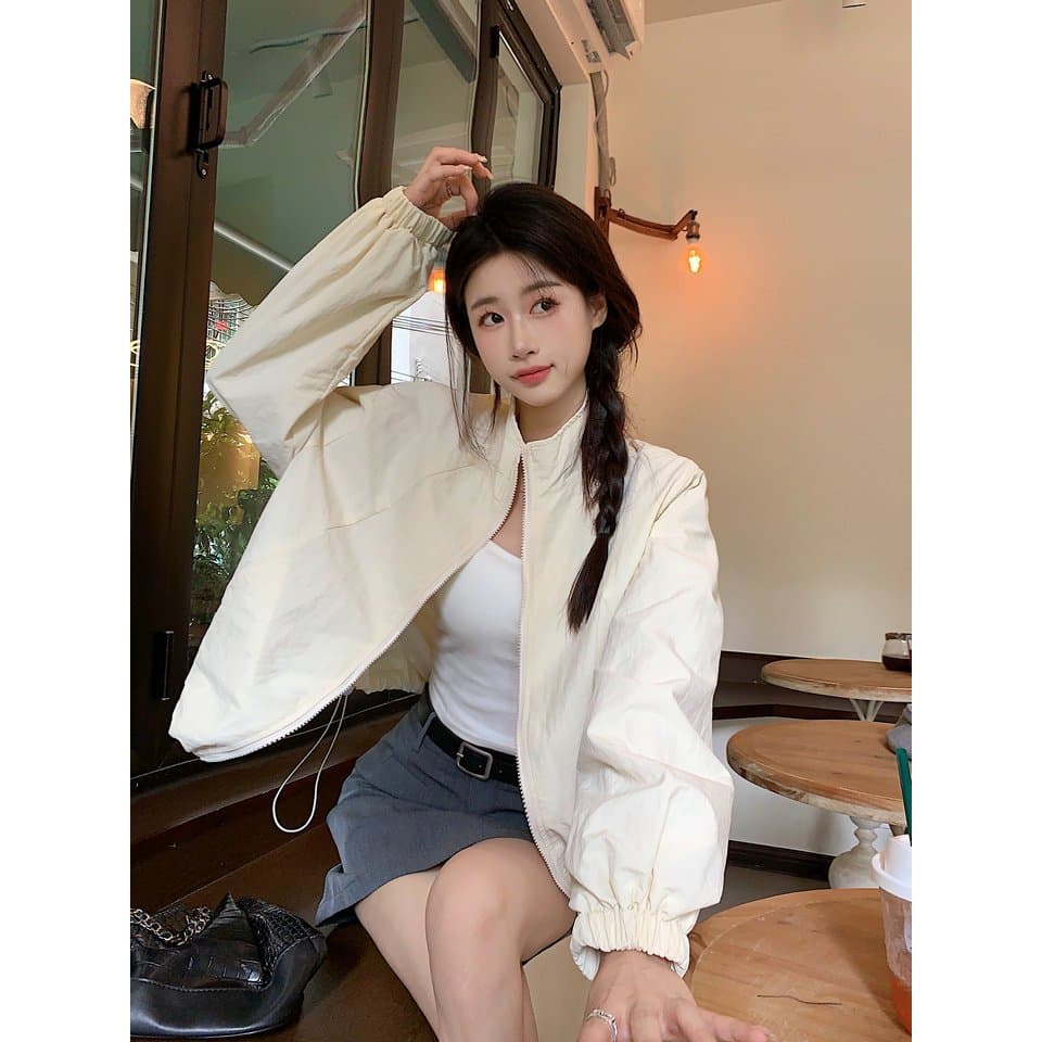 Hotgirl เสื้อคลุมแขนยาวผู้หญิง เสื้อคลุมสั้นผู้หญิง ซิป ดีไซน์เชือกผูก สไตล์เกาหลีเรียบง่าย หลวมและสบาย รูปที่ 9