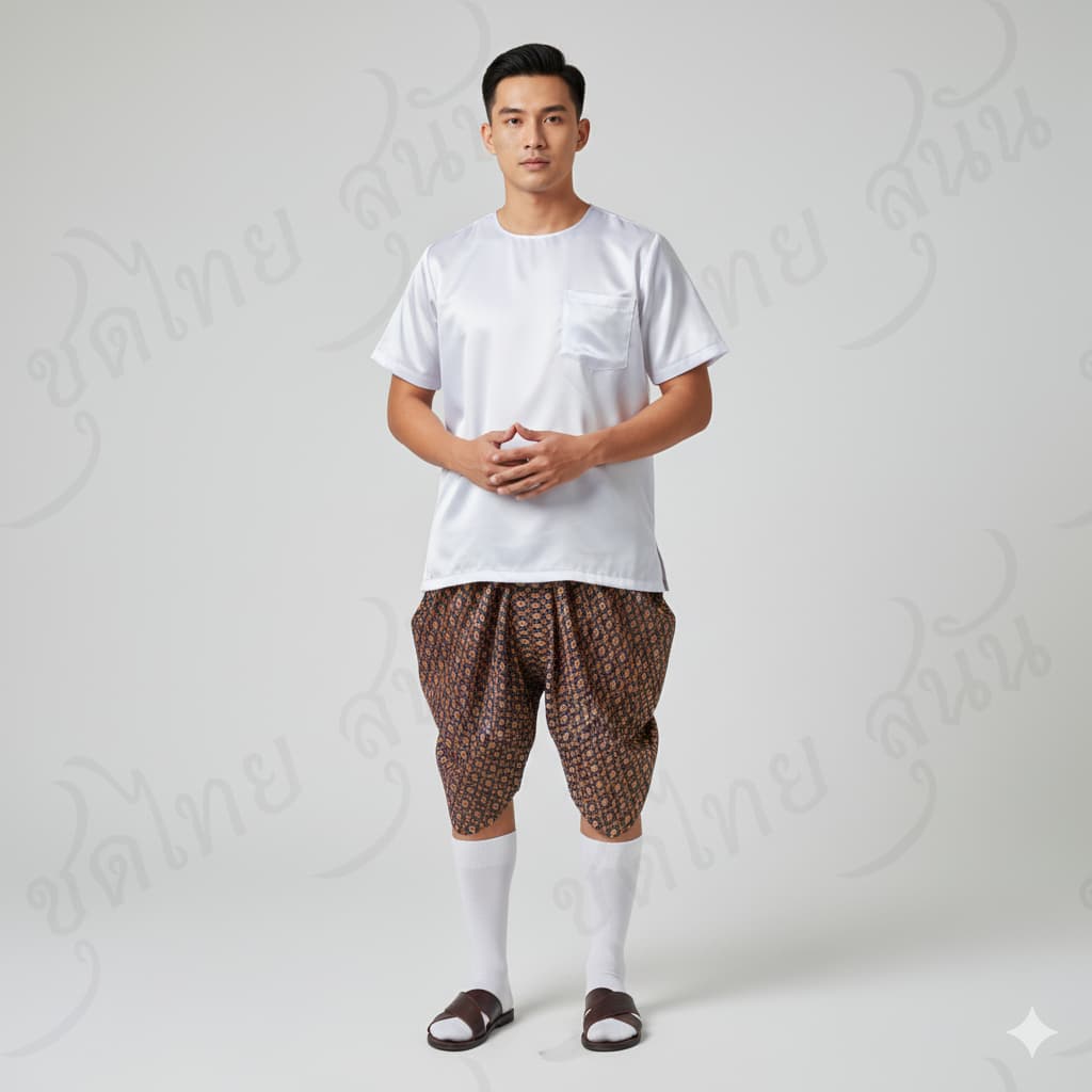 ชุดไทย ชุดไทยลำลอง ชุดพื้นเมืองชาย โจงกระเบนผ้าลายไทย+เสื้อคอกลม รูปที่ 2