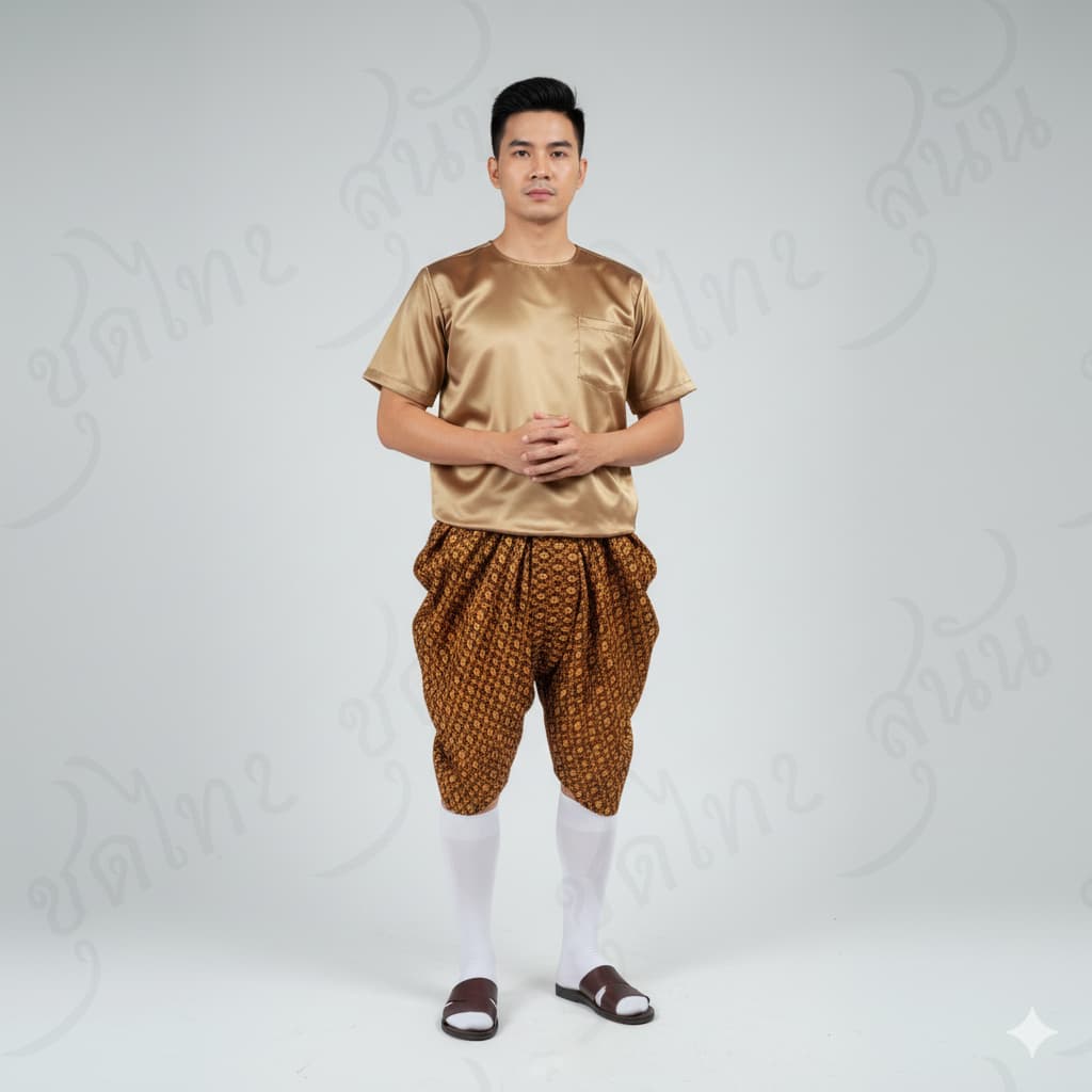 ชุดไทย ชุดไทยลำลอง ชุดพื้นเมืองชาย โจงกระเบนผ้าลายไทย+เสื้อคอกลม